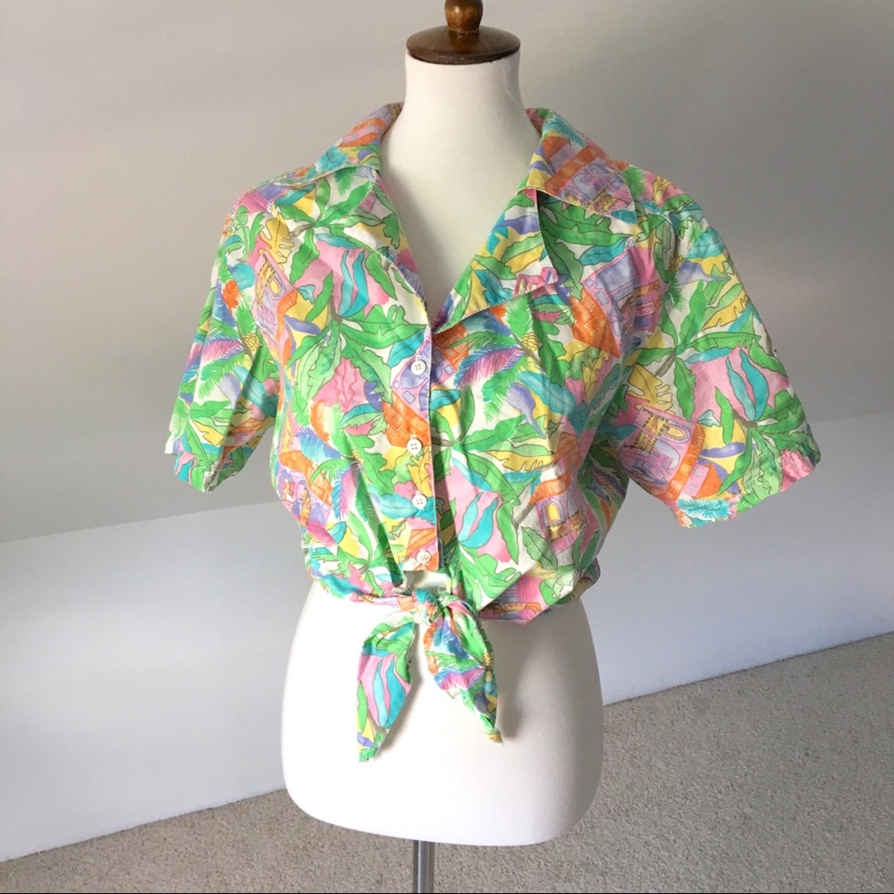 Vintage Cuban Havana Oversized Tie Front Crop Top